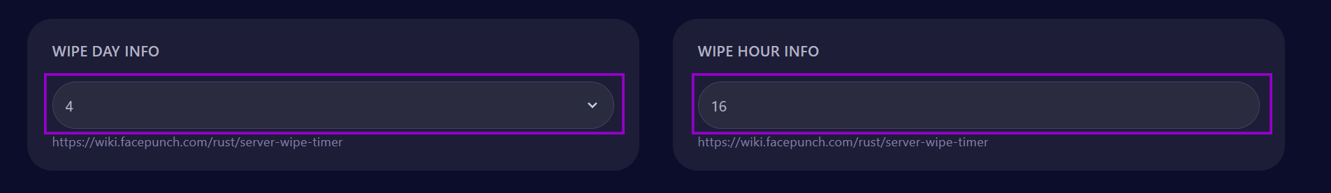 Cybrancee Panel Rust Startup Page with Wipe Day and Hour Info Fields Outlined