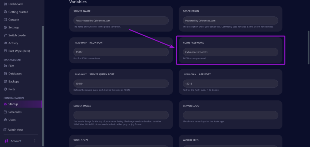 Cybrancee panel Rust startup page, with RCON Password field outlined