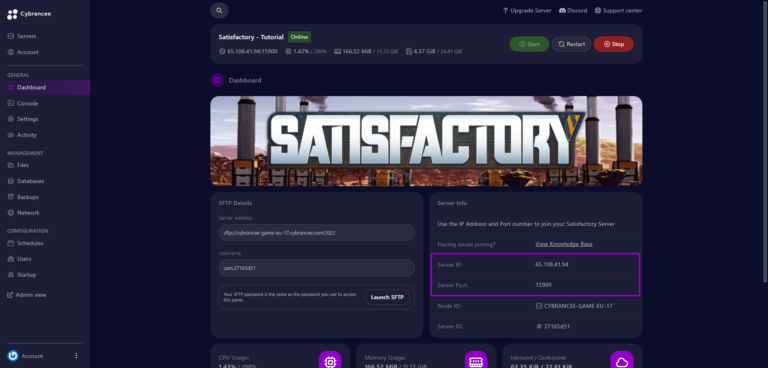Cybrancee panel Satisfactory dashboard, with server information outlined