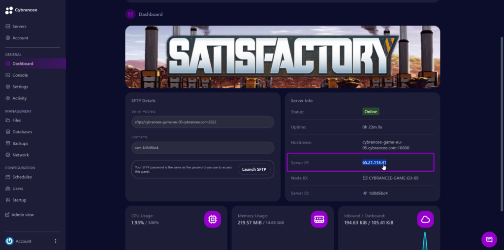 Cybrancee panel Satisfactory dashboard with server IP outlined