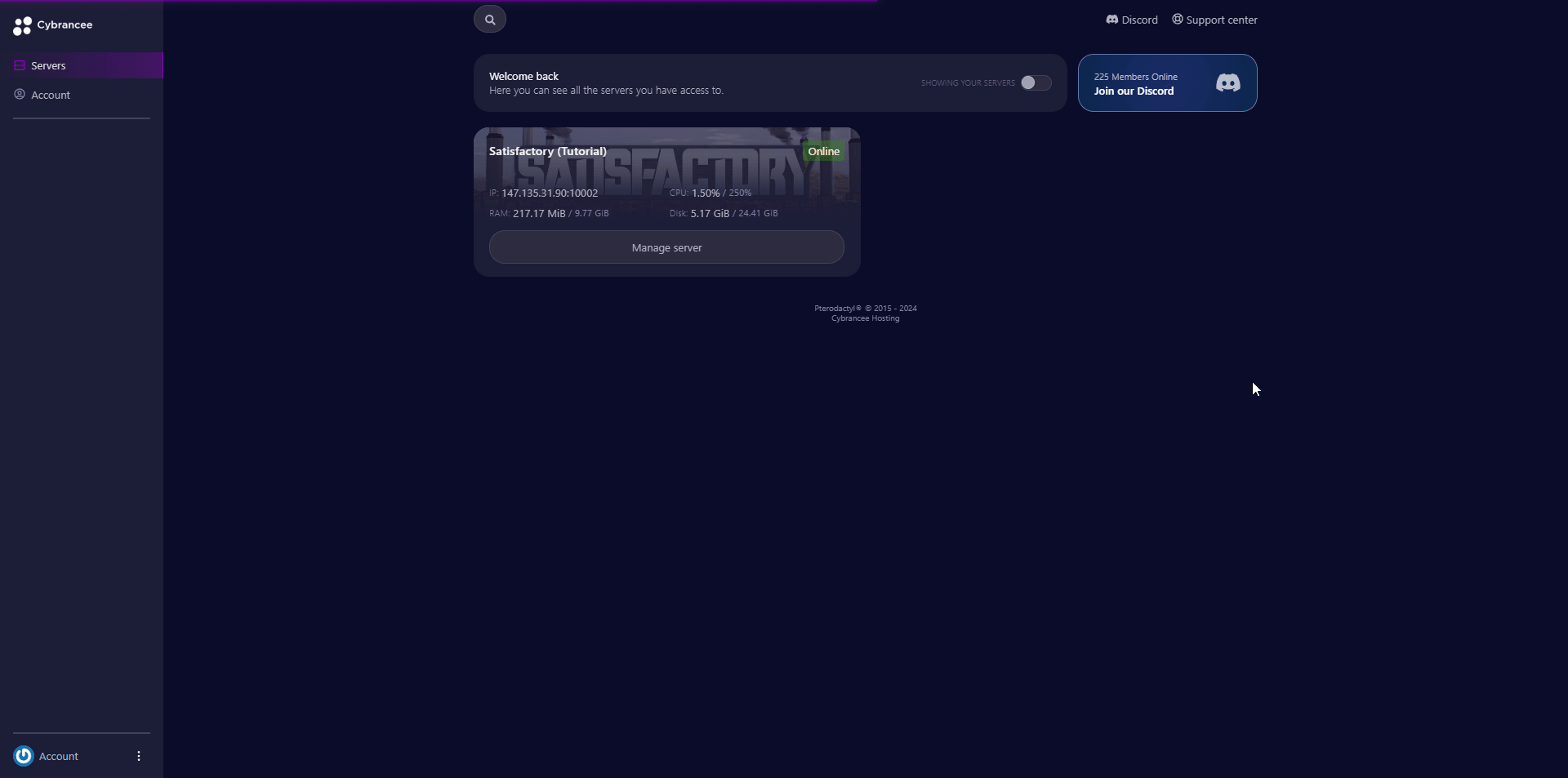 Cybrancee panel, Satisfactory manage server