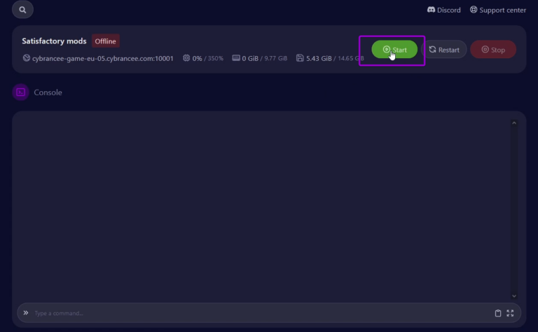 Cybrancee panel Satisfactory server start button outlined