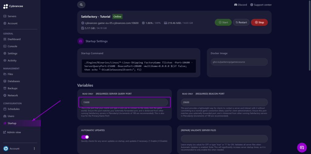 Cybrancee panel Satisfactory startup page, with query port field outlined
