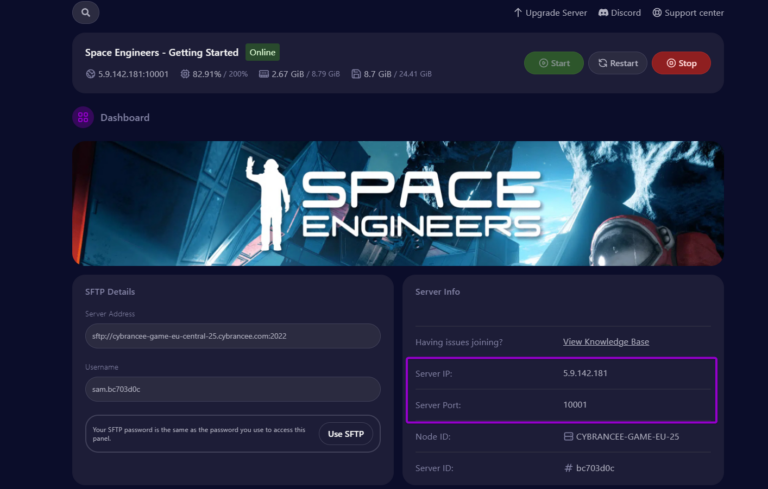 Cybrancee panel Space Engineers dashboard, with server info outlined