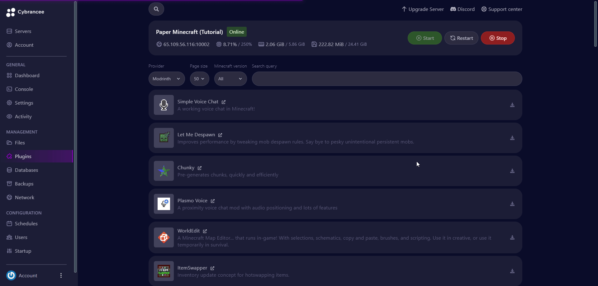 Starting a Paper server in the Cybrancee panel
