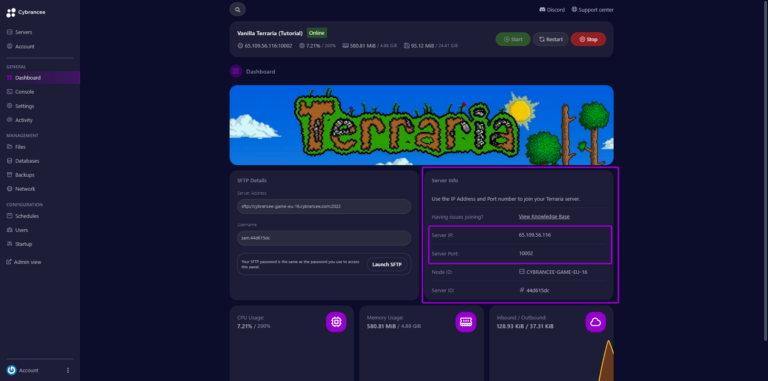 Cybrancee panel Terraria dashboard, with server information outlined