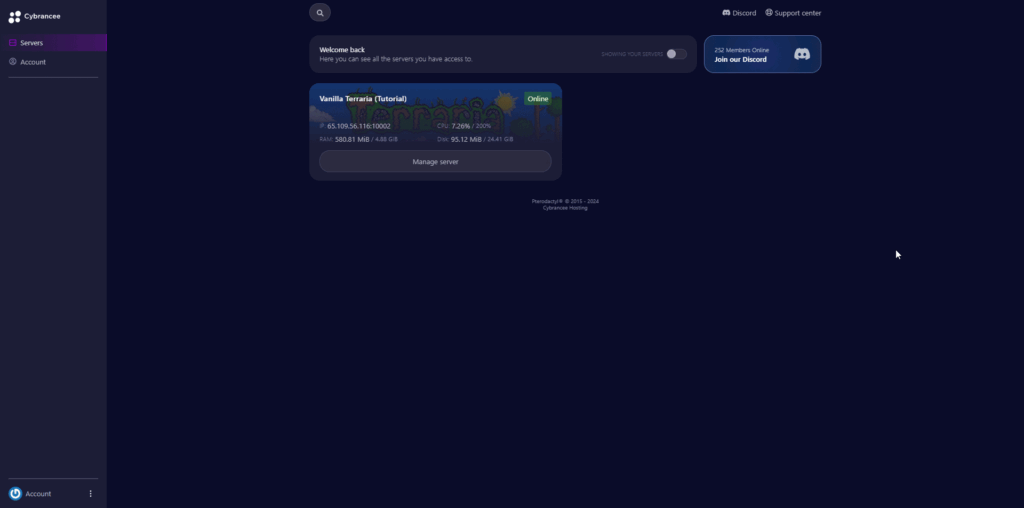 Cybrancee panel, Terraria manage server