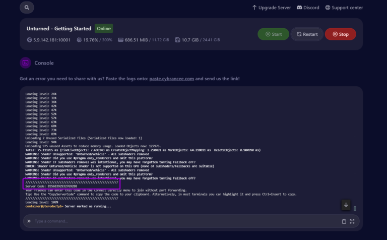 Cybrancee panel Unturned console, with server code outlined