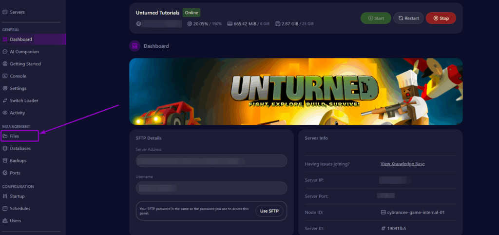 cybrancee Panel Unturned Dashbard Files Tab Outlined