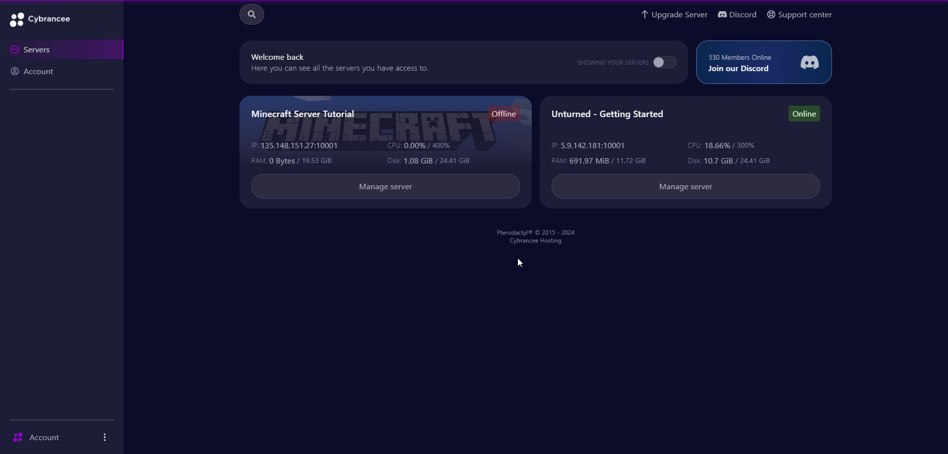 Cybrancee panel Unturned manage server