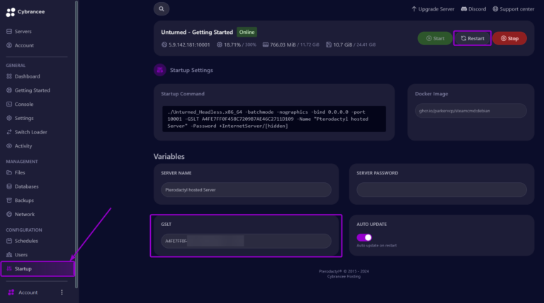 Cybrancee panel startup page, with GSLT outlined
