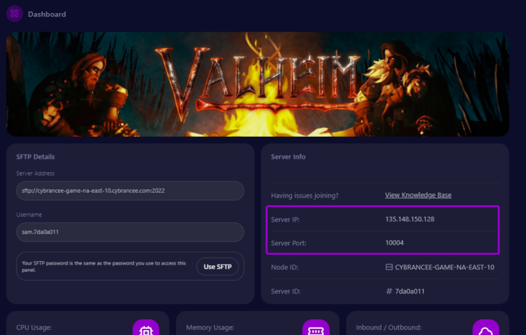 Cybrancee panel Valheim dashboard, with server info outlined