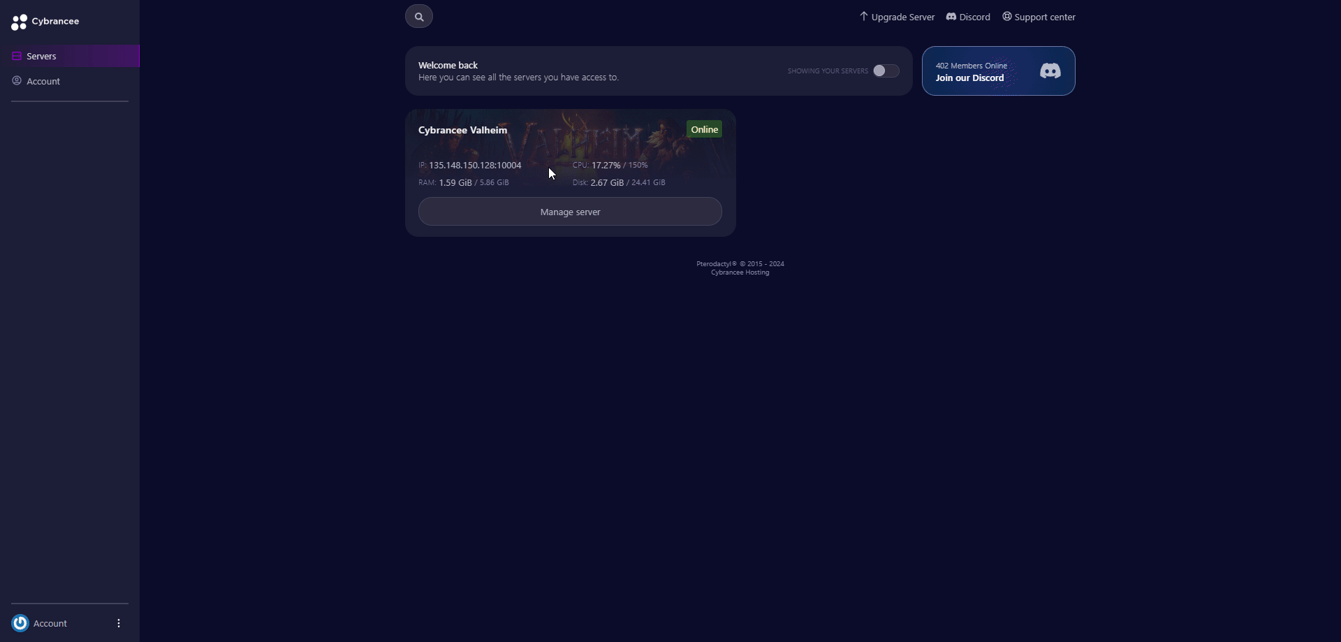 Cybrancee panel Valheim manage server