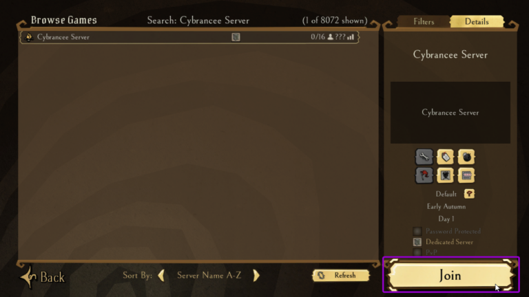Don't Starve Together browse games page, with join button outlined