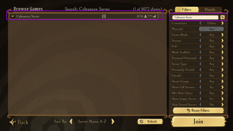 Don't Starve Together browse games page, with server and search outlined