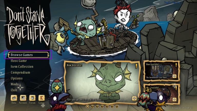 Don't Starve Together start screen, with browse games outlined