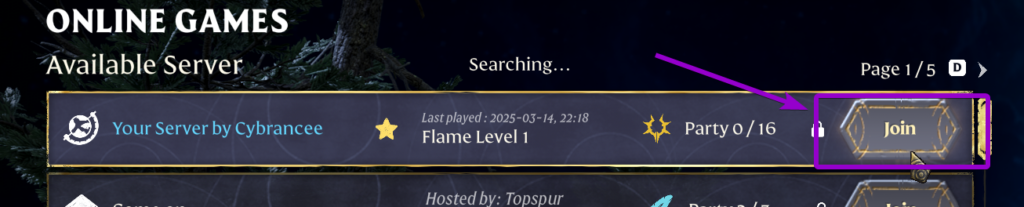 Enshrouded online games, available server screen