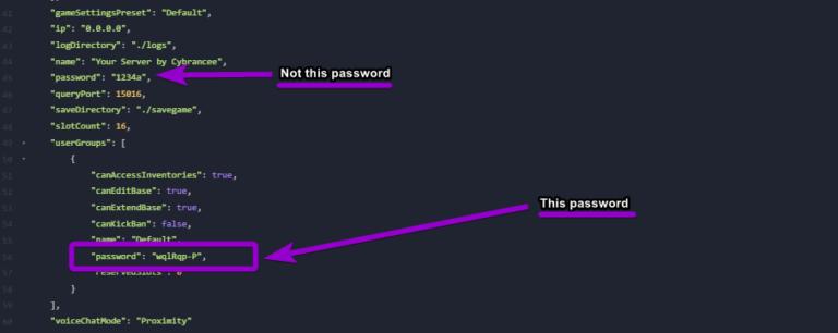 Enshrouded server.json file with userGroups password outlined