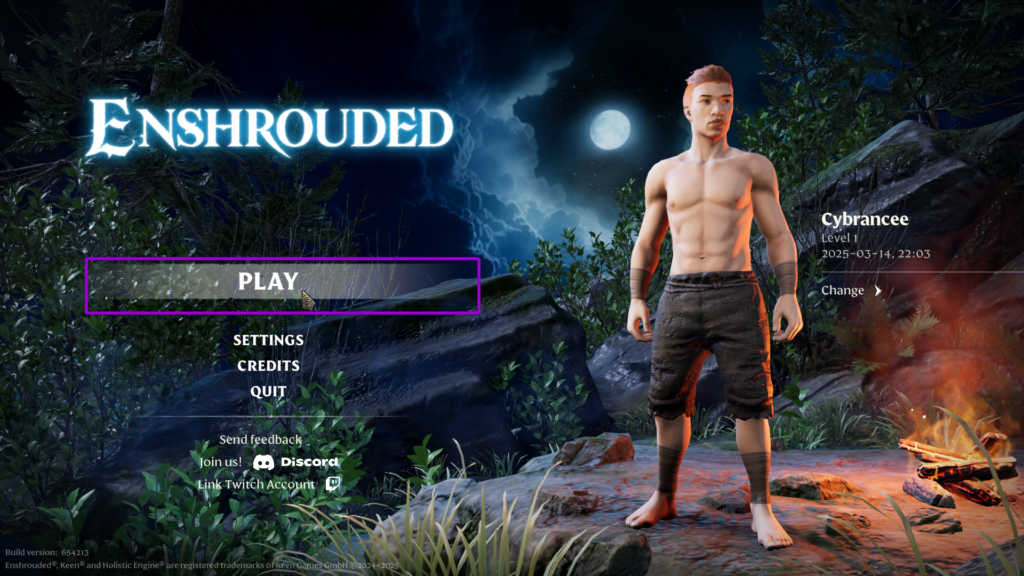 Enshrouded start screen with play button outlined