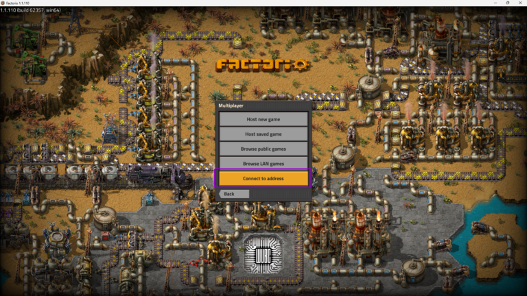 Factorio multiplayer screen, with connect to address button outlined