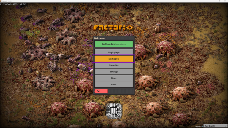 Factorio start screen with multiplayer button outlined