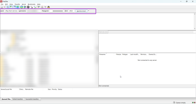 FileZilla with connection details outlined