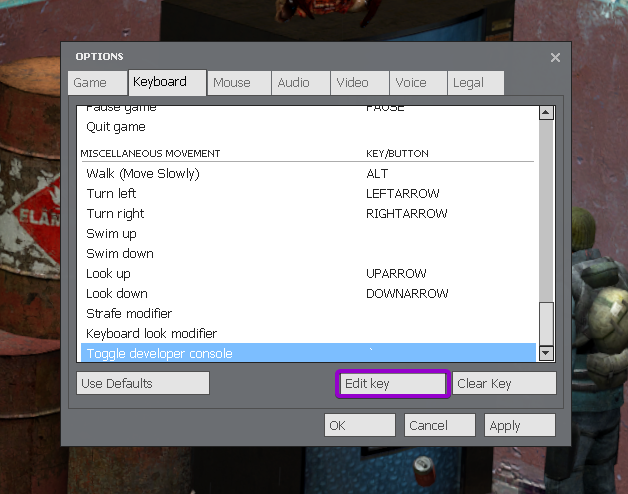 Garry's Mod Main Menu with Settings opened and Edit Key outlined