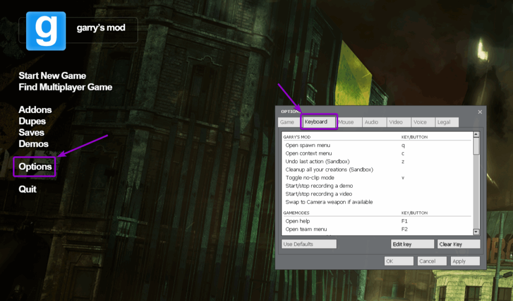 Garry's Mod Main Menu with Settings opened and Options and Keyboard option Outlined