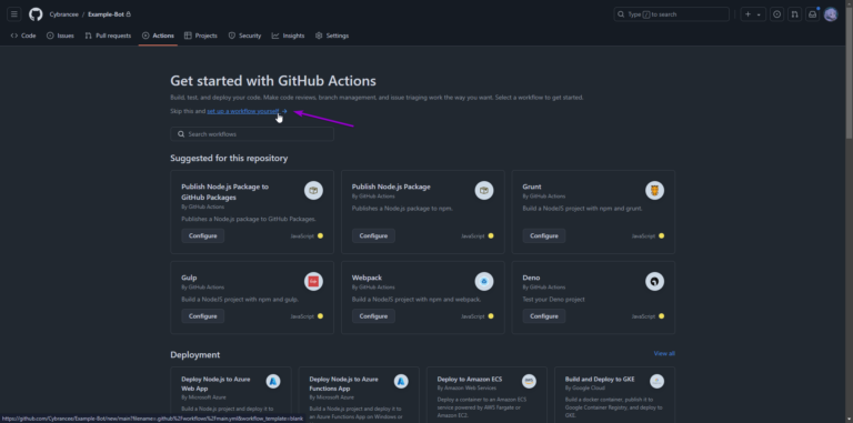 Get started with Github actions page