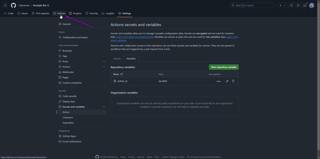 Github repository settings tab, actions secrets and variables screen, with actions tab outlined