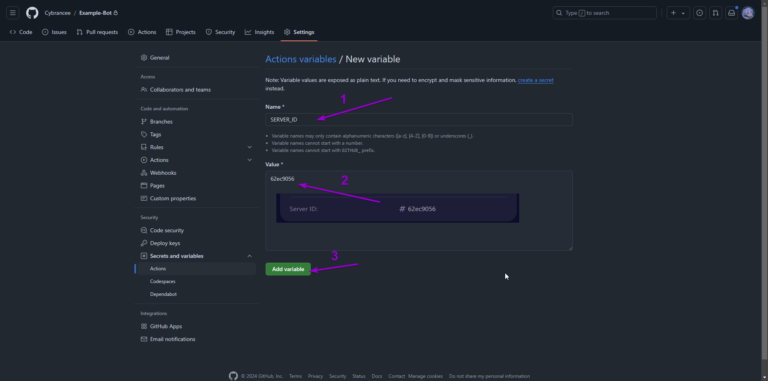 Github repository settings tab, new variable screen