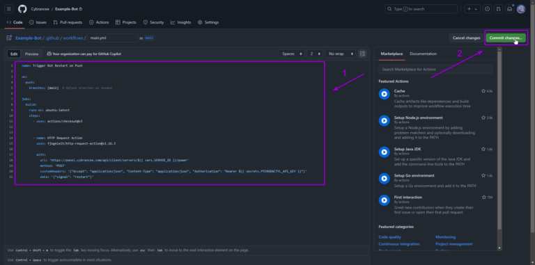 GitHub workflow, commit changes button and code outlined