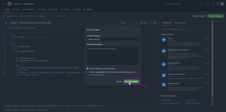 GitHub workflow, commit changes modal