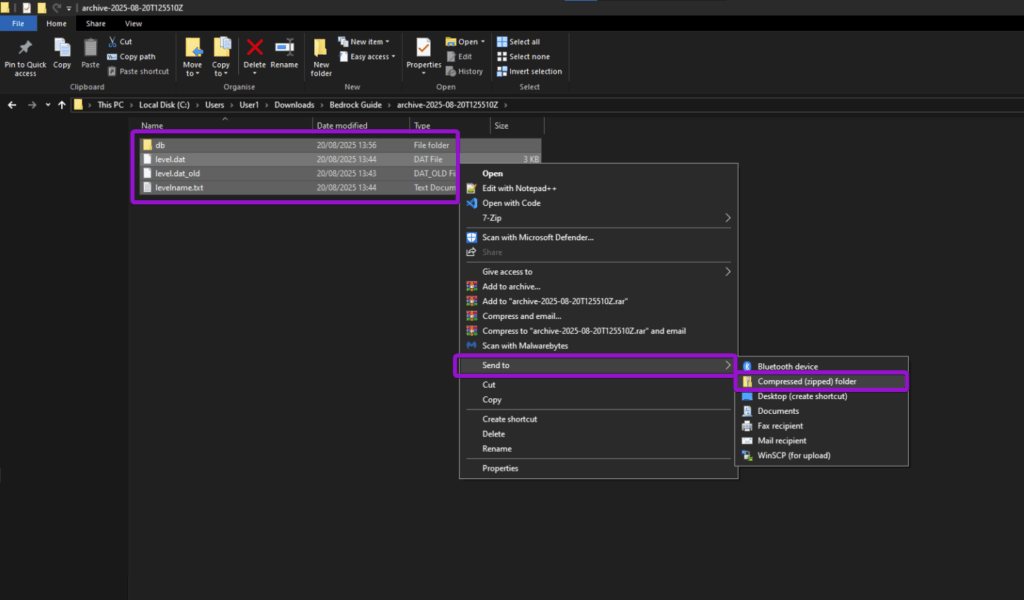 The Windows file manager showing compressing into a zip