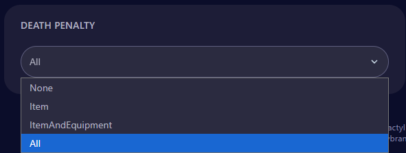 Palworld Death Penalty on Startup tab Dropped down
