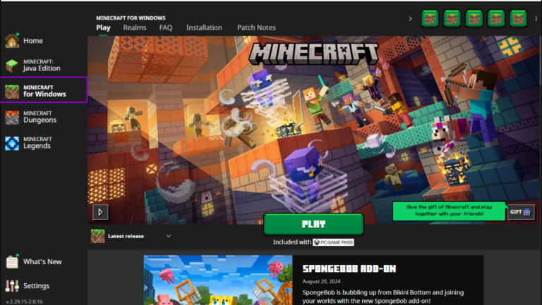 Minecraft Bedrock launcher, with Minecraft for Windows outlined