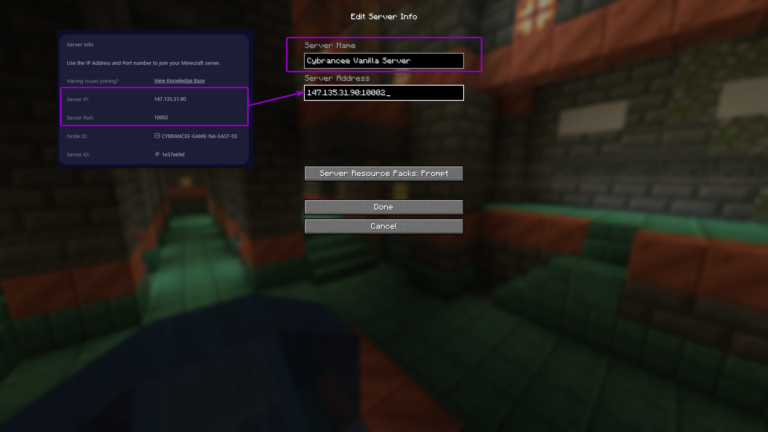 Minecraft edit server info screen, with server name outlined