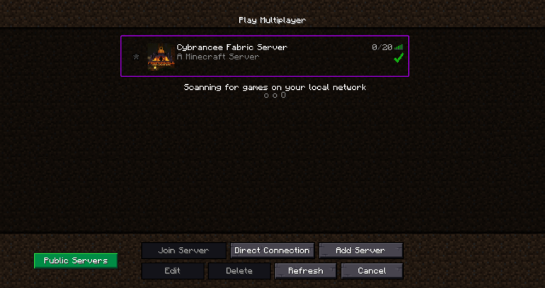 Minecraft Fabric play multiplayer screen, with server outlined