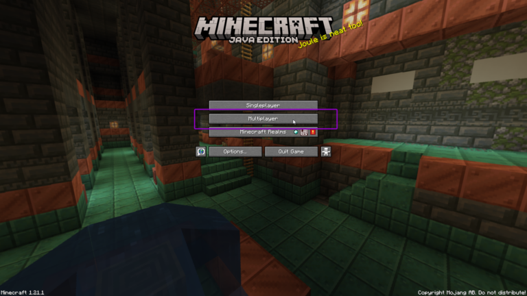 Minecraft home screen, with multiplayer button outlined