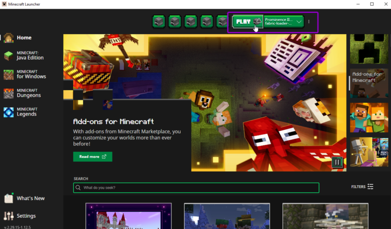 Minecraft launcher home screen, with play outlined
