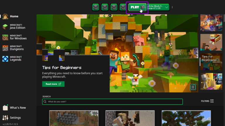 Minecraft launcher with play button outlined