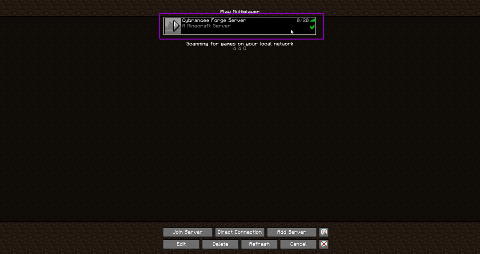 Minecraft play multiplayer, with Forge server outlined