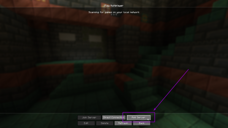 Minecraft play multiplayer screen, with add server button outlined