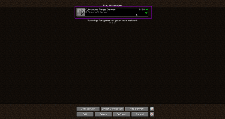 Minecraft play multiplayer screen, with available Forge server outlined