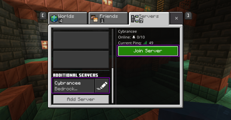 Minecraft servers modal, with join server button outlined