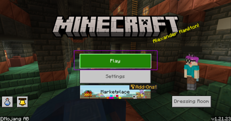 Minecraft start screen, with play button outlined