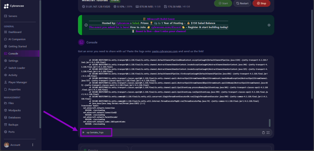 minecraft java edition with op command outlined