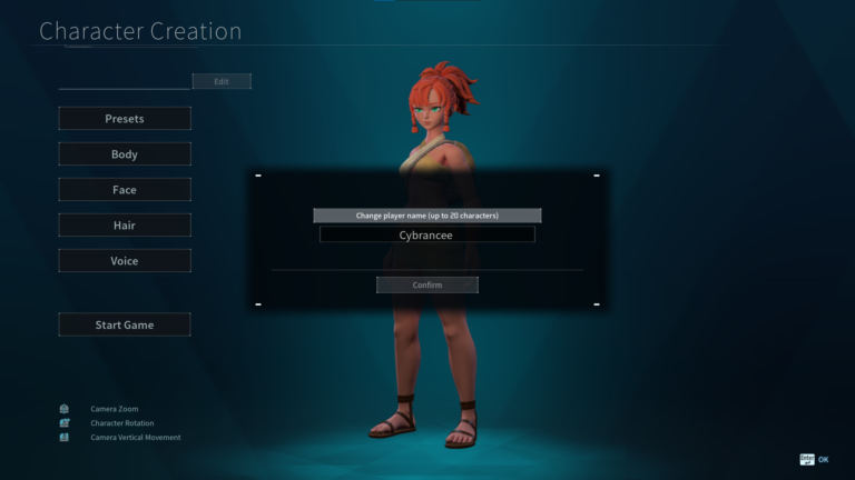 Palworld character creation screen with name modal