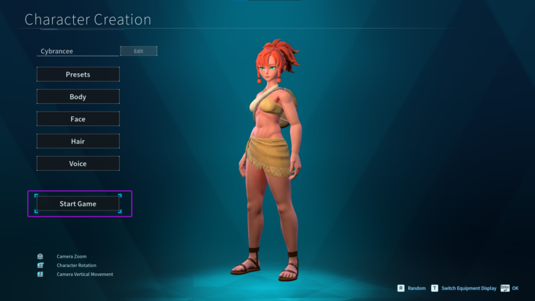 Palworld character creation, with start game button outlined