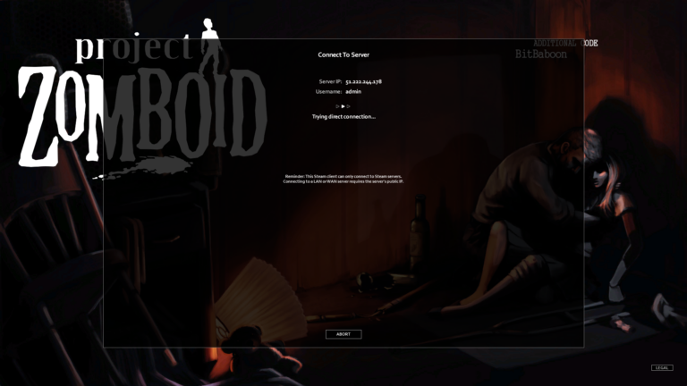 Project Zomboid connect to server screen